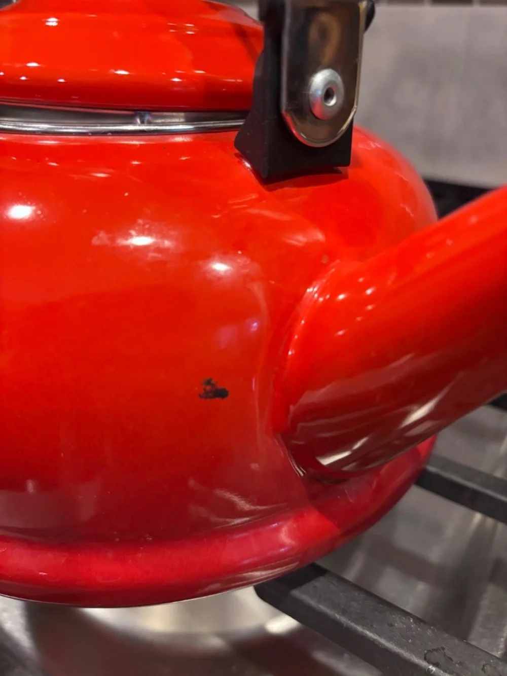 Red Le Creuset porcelain enamel 1.7 Quart tea kettle